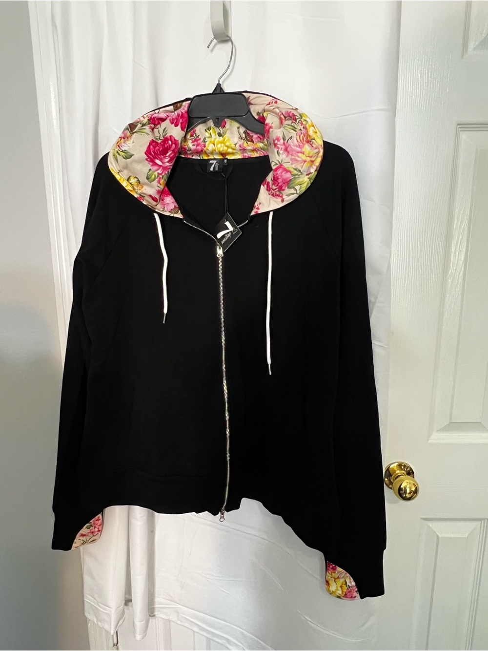 Black Zip Hoodie with Floral-Lined Hood by Avenue